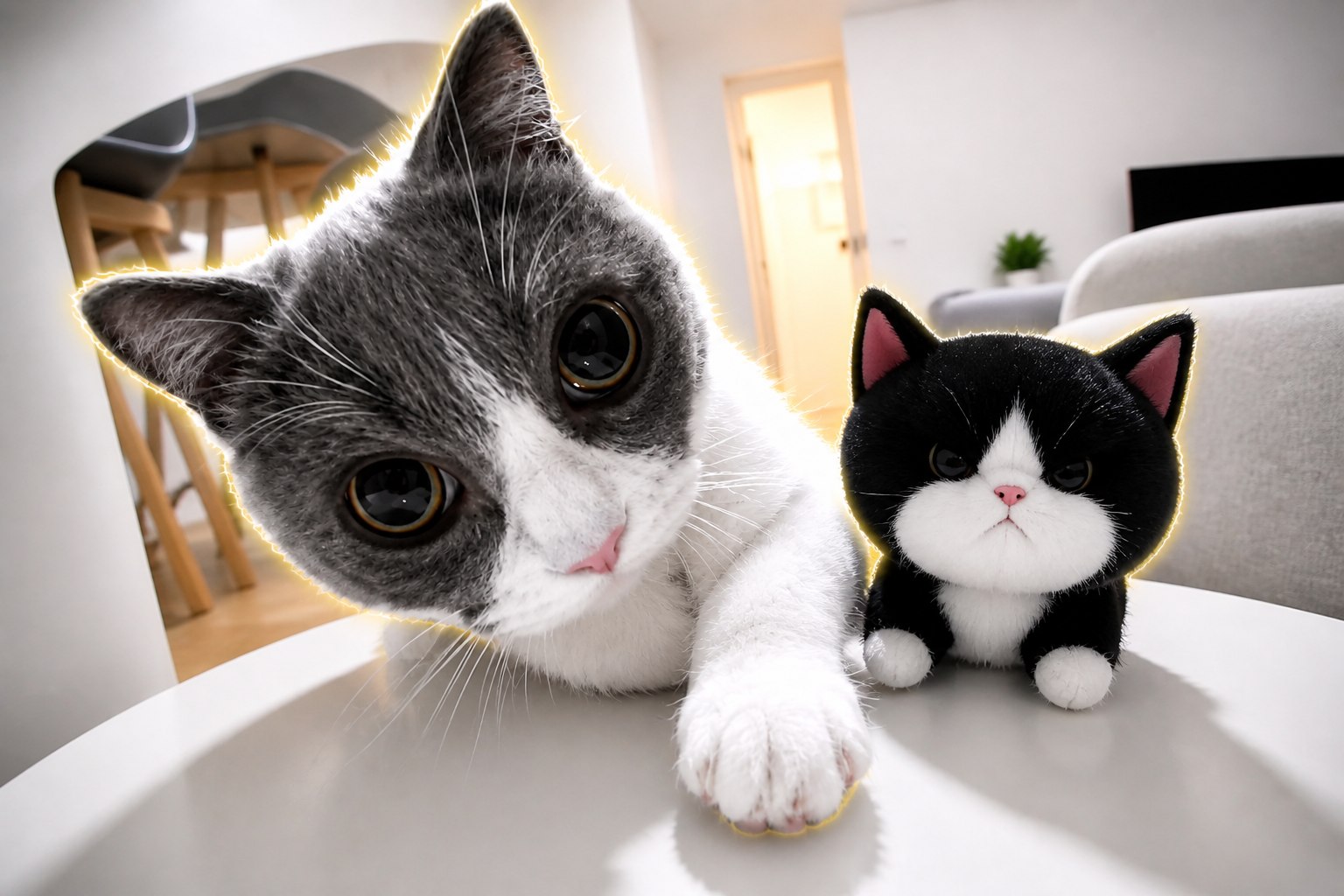 A gray-and-white cat and its tiny black-and-white partner staring into the camera